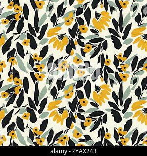 Moderno motivo blockprint in tessuto stampato con fiori selvatici e texture in lino. Motivi floreali boho scuri disegnati a mano stilizzati per elementi di design decorativi Foto Stock