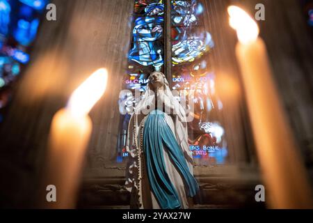 Candela con una statua della Beata Vergine Maria nella Basilica di Saint-Sauveur di Dinan nel dipartimento di Cotes-D Armor nella regione della Bretagna, 29 milioni di anni fa Foto Stock