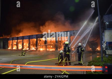 Stadtallendorf, Germania. 16 ottobre 2024. I vigili del fuoco sono in servizio davanti a un deposito veicoli. Mercoledì mattina, il deposito veicoli della stazione dei vigili del fuoco di Stadtallendorf nel quartiere Marburg-Biedenkopf è stato completamente distrutto in un grande incendio. Crediti: Michael Rinde/dpa/Alamy Live News Foto Stock