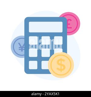 Calcolatrice con monete che indicano il vettore del concetto contabile, icona di calcolo del denaro Illustrazione Vettoriale