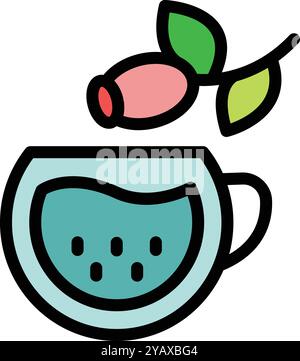 Questa illustrazione colorata raffigura una tazza rilassante di tè rosehip, perfetta per rappresentare i benefici dei rimedi a base di erbe Illustrazione Vettoriale