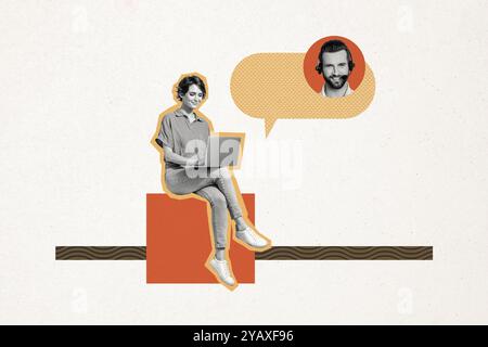 Grafica di tendenza composita schizzo collage di cuffie assistenza online call center uomo giovane donna lavoro cliente laptop chat Foto Stock