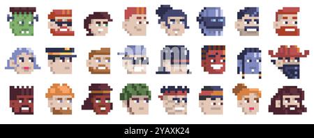 Avatar di gioco a 8 bit. Avatar retrò con personaggi maschili e femminili pixelati, personaggi dei videogiochi 2d Old School. Set di volti vettoriali del gioco dei cartoni animati Illustrazione Vettoriale