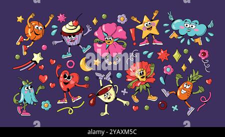 Doodle forme scanalate. Astratti personaggi decorativi anni '60 anni '70, divertenti simboli astratti retrò, eccentrico stile cartoni animati. Vettore isolato Illustrazione Vettoriale