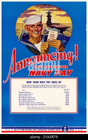 Annuncio! New and Higher Navy Pay, American, US, WW2, Recruitment poster di John Falter, 1942-1945 Foto Stock