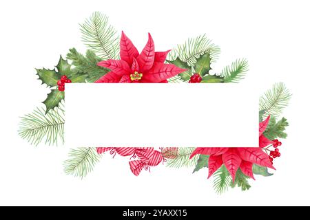 Fiore di Poinsettia con bacche agrifoglio e rami di pino, caramelle per Natale. Illustrazione acquerello botanico. Disegno isolato disegnato a mano. Orizzontale Foto Stock