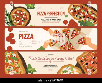 Striscioni per pizza. Piatti nazionali italiani, ingredienti e piatti piatti, menu di cucina nazionale con pizza, pomodoro peperoni. Gruppo vettoriale Illustrazione Vettoriale