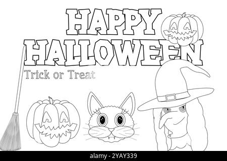 Divertente pagina colorata a tema Halloween con strega, zucche, gatto e scopa. Perfetto per attività spaventose per i bambini. Illustrazione Vettoriale