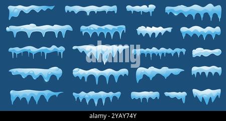 Calotte da neve bianche. Neve ghiacciata cartoni animati, neve sul tetto invernale stagionale, morbidi elementi ghiacciati in stile piatto. Raccolta isolata vettoriale Illustrazione Vettoriale