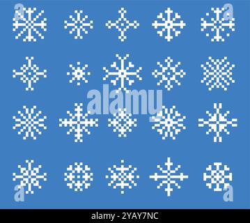 Fiocchi di neve pixel impostati. Simboli di sprite di un videogioco a 8 bit rétro con stelle invernali della neve, glitter di gelo e scintillio. Raccolta isolata vettoriale Illustrazione Vettoriale