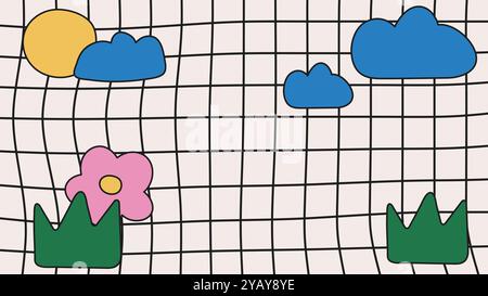 Sfondo estetico Y2K con griglia lineare e nuvola disegnata a mano, sole e fiori. Design minimalista e alla moda per bambini Illustrazione Vettoriale
