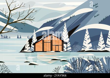 Il paesaggio delle case d'inverno. Cartoni animati foresta invernale innevata con alberi ghiacciati e neve a terra, sfondo invernale con cabina in legno. Vettore Illustrazione Vettoriale