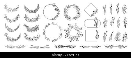 Bordi floreali e divisori. Eleganti cornici di piante decorative e divisori ornamentali monogramma per biglietto d'invito per matrimoni. Set isolato vettoriale Illustrazione Vettoriale