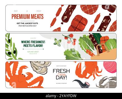 Volantini per il negozio di alimentari. Opuscoli per il mercato alimentare con verdure fresche carne e prodotti ittici, banner per lo shopping online di alimenti biologici. Set promozione vettoriale Illustrazione Vettoriale