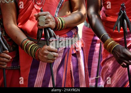 India Orissa, Chhattisgarh, area Muria, Bison tribù avvisatore acustico Foto Stock