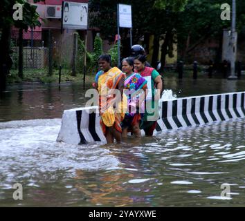 Chennai, India. 16 ottobre 2024. La pioggia senza precedenti a Chennai e alla periferia a causa dei monsoni del nord-est arriva sopra il Tamil Nadu, innesca intense piogge sui distretti settentrionali il Centro meteorologico regionale emette un allarme rosso per Chennai e i distretti limitrofi il 16 ottobre, indicando la possibilità di precipitazioni estremamente pesanti isolate superiori ai 20 cm. I funzionari dicono che i cancelli del serbatoio non saranno aperti durante questo periodo di piogge credito: Seshadri SUKUMAR/Alamy Live News Foto Stock