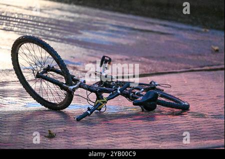 Markranstädt - Laster überrollt Biker: Radfahrer stirbt bei Unfall mit Auto und LKW 10.10.2024 gegen 16 Uhr Markranstädt, Leipziger Straße B87 Zu einem tödlichen Unfall kam es am Donnerstagnachmittag gegen 16 Uhr auf der Leipziger Straße in Markranstädt im Landkreis Lipsia. Nach ersten Angaben der Polizei War der 25-jährige Radfahrer auf der falschen, anche linken Gehwegseite in Richtung Leipzig unterwegs, als eine Autofahrerin den Mann an der Ausfahrt des Rewe-Marktes übersah und diesen faserste. Der 25-Jährige wurde über die Motorrhaube des Hyundai geschleudert und kam anschließend unter ein Foto Stock