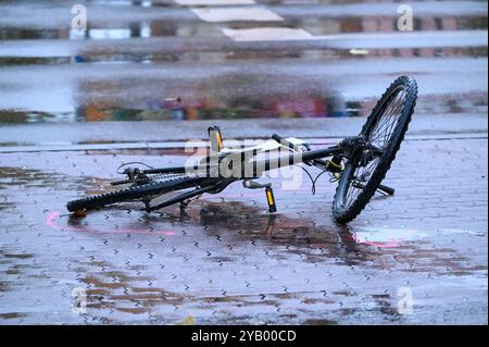 Markranstädt - Laster überrollt Biker: Radfahrer stirbt bei Unfall mit Auto und LKW 10.10.2024 gegen 16 Uhr Markranstädt, Leipziger Straße B87 Zu einem tödlichen Unfall kam es am Donnerstagnachmittag gegen 16 Uhr auf der Leipziger Straße in Markranstädt im Landkreis Lipsia. Nach ersten Angaben der Polizei War der 25-jährige Radfahrer auf der falschen, anche linken Gehwegseite in Richtung Leipzig unterwegs, als eine Autofahrerin den Mann an der Ausfahrt des Rewe-Marktes übersah und diesen faserste. Der 25-Jährige wurde über die Motorrhaube des Hyundai geschleudert und kam anschließend unter ein Foto Stock