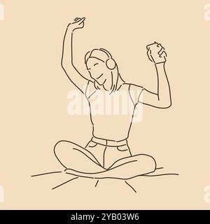 Una donna seduta gioca musica con il telefono. Disegno grafico. Illustrazione vettoriale del contorno dello schizzo Illustrazione Vettoriale