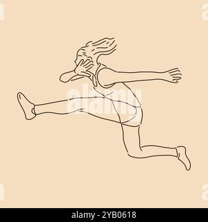 Donna Long Jump. Disegno grafico. Illustrazione vettoriale del contorno dello schizzo Illustrazione Vettoriale