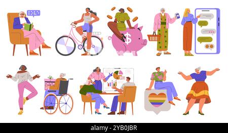 Una donna d'affari che si occupa di diversità. Professionisti femminili inclusivi in diversi scenari. Leadership, finanza, lavoro di squadra e diversità di stile di vita. Illustrazione vettoriale. Illustrazione Vettoriale