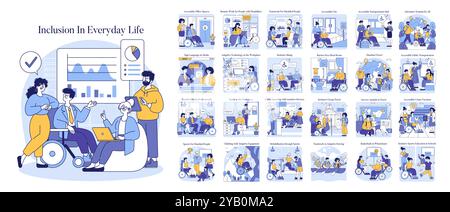 Inclusione nella vita di tutti i giorni. Diversi scenari che descrivono l'inclusione sociale per le persone con disabilità. Sistemazioni sul luogo di lavoro, viaggi accessibili e istruzione inclusiva. Illustrazione vettoriale. Illustrazione Vettoriale