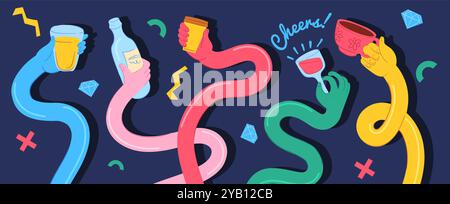 Mani flessibili che applaudono. Cartoni animati lungo allungato mano tenere bere tazza di caffè vino bicchiere bottiglia di alcool, braccia elastiche con bevande bevande festa celebrazione, illustrazione vettoriale ordinata opera d'arte originale Illustrazione Vettoriale