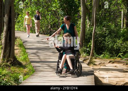 Un bambino disabile, un adolescente turista/ragazza di 14 anni in sedia a rotelle, scatta una foto al telefono al Parco Nazionale di Krka, con sua madre. Croazia. (138) Foto Stock