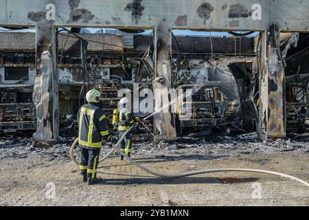 Stadtallendorf, Germania. 16 ottobre 2024. I vigili del fuoco sono impegnati a spegnere il fuoco. Il nuovo deposito di attrezzature del dipartimento dei vigili del fuoco volontario di Stadtallendorf è completamente bruciato con veicoli e attrezzature, causando milioni di danni. Crediti: Andreas Arnold/dpa/Alamy Live News Foto Stock