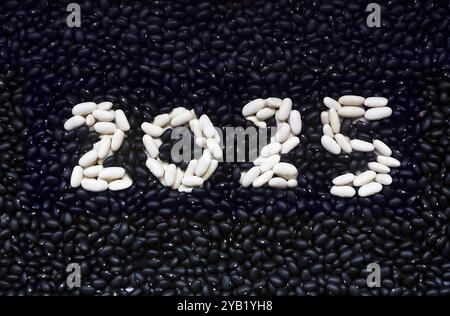 Felice anno nuovo 2025 scritto con fagioli bianchi e neri Foto Stock