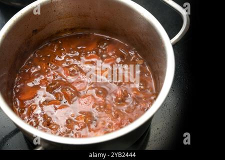 La base per una salsa viene fatta bollire, fatta di verdure a radice come carote e sedano, porri e cipolle, purea di pomodoro e vino in una pentola di acciaio su una bla Foto Stock