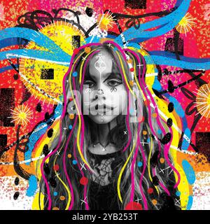 Collage artistico di una ragazza gotica su uno sfondo astratto con colori vivaci e colorati in stile graffiti pop Foto Stock