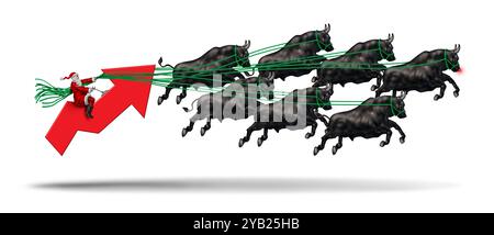 Mercato Bull delle festività natalizie in qualità di broker azionario di santaclaus o consulente finanziario che gestisce un mercato azionario rialzista con una freccia verso l'alto che rappresenta. Foto Stock