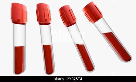 rendering 3d delle provette per il prelievo ematico con tappo rosso. Le provette sono etichettate "BLOOD TEST" e "6ml". Le provette sono riempite con un liquido rosso, presumibilmente BL Foto Stock