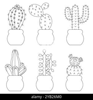 Set di grandi cactus in stile doodle. Illustrazione vettoriale isolata su sfondo bianco. Illustrazione Vettoriale