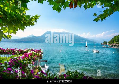 Vista sul lago di Como da Varenna in estate. Yacht, fiori e foglie come cornice. Provincia di Lecco, regione Lombardia, Italia Foto Stock