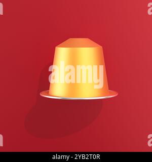 Capsule di caffè dorato che proiettano l'ombra su sfondo rosso 3d. Foto Stock