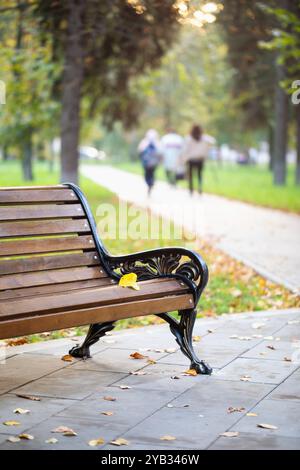 Foglie cadute su una panchina in un parco autunnale Foto Stock