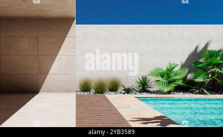 Giardino tropicale e piscina in una moderna casa vacanze di lusso. Sfondo del design architettonico del deserto. Villa mediterranea con pareti vuote in cemento Foto Stock