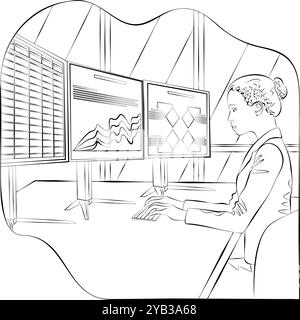 Una donna sta studiando i rapporti per identificare e comprendere i problemi nel processo decisionale. Concetto di business. Schizzo. Illustrazione vettoriale. Illustrazione Vettoriale