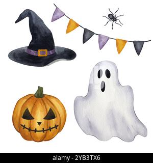 Set d'arte di Halloween. Jack o Lanterna, zucca arancione scolpita, fantasma bianco, cappello da strega, ghirlanda di bandiere. Illustrazione ad acquerello disegnata a mano isolata Foto Stock