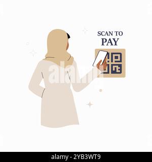 Donna musulmana che utilizza lo smartphone per eseguire la scansione del codice QR per il pagamento in un'illustrazione vettoriale piatta che simboleggia il pagamento senza contatto, la tecnologia e il digitale Illustrazione Vettoriale