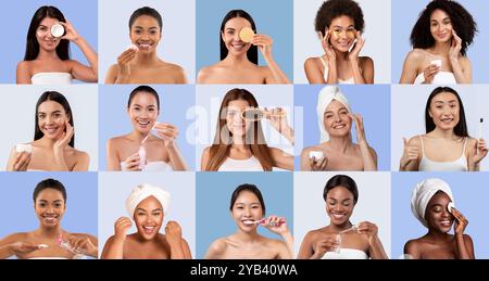 Diverse donne che praticano la cura della pelle in diversi ambienti benessere Foto Stock