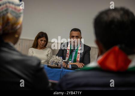 Madrid, Spagna. 16 ottobre 2024. Il presidente dell'Unione dei giornalisti palestinesi, Nasser Abu Baker, nel corso di una conferenza stampa tenutasi oggi pomeriggio a Madrid. Crediti: D. Canales Carvajal/Alamy Live News Foto Stock