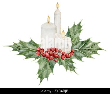 Candele di Natale con bacche di agrifoglio rosse e foglie verdi. Illustrazione ad acquerello della luce delle candele per biglietti di auguri di Capodanno o inviti per feste natalizie. Disegno di piante di Natale tradizionali. Foto Stock