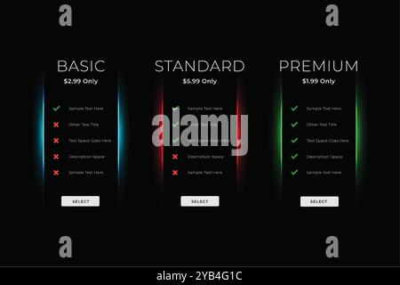 modello di business della tabella di confronto dei prezzi del tema nero scuro Illustrazione Vettoriale