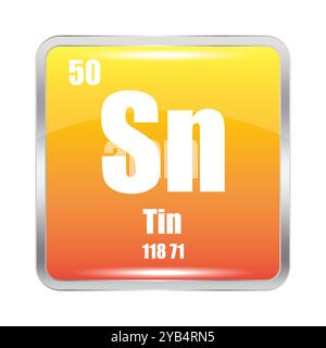 Icona Tin. Elemento chimico SN. Numero atomico 50. Massa 118.71. Immagine quadrata gialla. Illustrazione Vettoriale