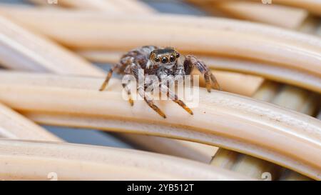 Macro immagine ravvicinata del ragno che salta da Frost (Jotus frosti) su una sedia di canna in giardino a Hobart, Tasmania, Australia Foto Stock