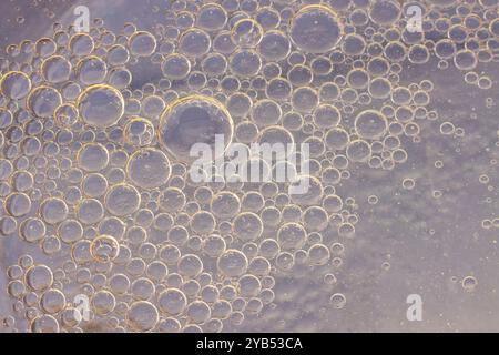 Questa foto macro presenta uno sfondo astratto riempito di numerose bolle di varie dimensioni. Foto Stock