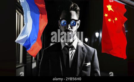 Immagine simbolica, Cina, Russia, spionaggio, infiltrazione, sorveglianza, web ragno sociale, disputa commerciale, conflitti globali, guerra economica, internazionale Foto Stock